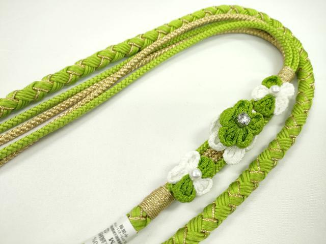 平和屋着物●和装小物　振袖用帯締め　飾り付き　つまみ細工　花　パール　黄緑色　金糸　切り房　逸品　未使用　CABC1043ju