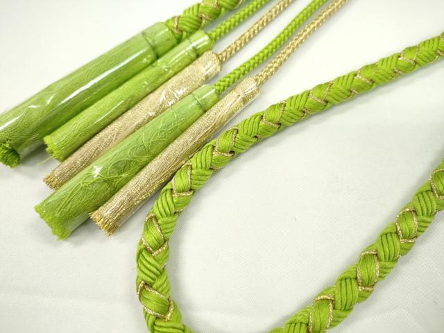 平和屋着物●和装小物　振袖用帯締め　飾り付き　つまみ細工　花　パール　黄緑色　金糸　切り房　逸品　未使用　CABC1043ju