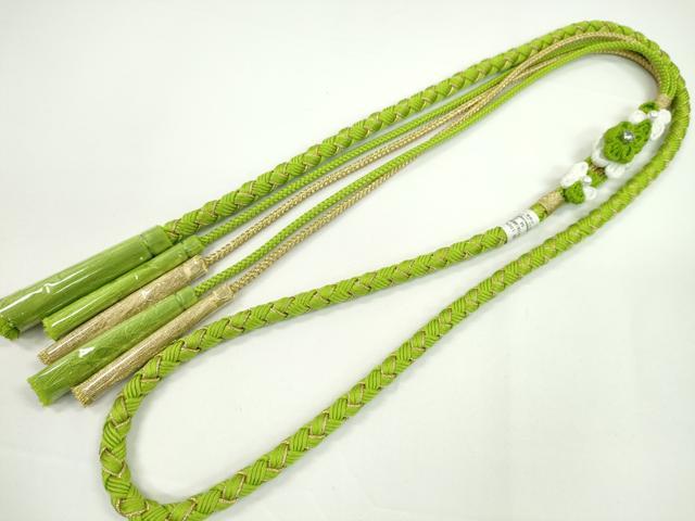 平和屋着物●和装小物　振袖用帯締め　飾り付き　つまみ細工　花　パール　黄緑色　金糸　切り房　逸品　未使用　CABC1043ju