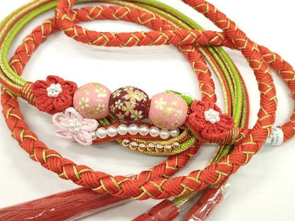 平和屋着物●和装小物　振袖用帯締め　飾り付き　つまみ細工　花　飾り玉　パール　緋色　金糸　撚り房　逸品　未使用　CABC1046ju