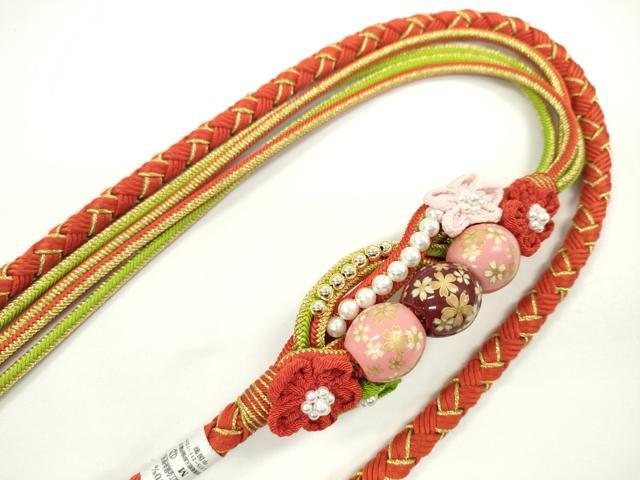 平和屋着物●和装小物　振袖用帯締め　飾り付き　つまみ細工　花　飾り玉　パール　緋色　金糸　撚り房　逸品　未使用　CABC1046ju