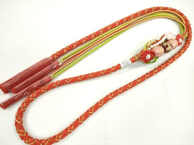 平和屋着物●和装小物　振袖用帯締め　飾り付き　つまみ細工　花　飾り玉　パール　緋色　金糸　撚り房　逸品　未使用　CABC1046ju