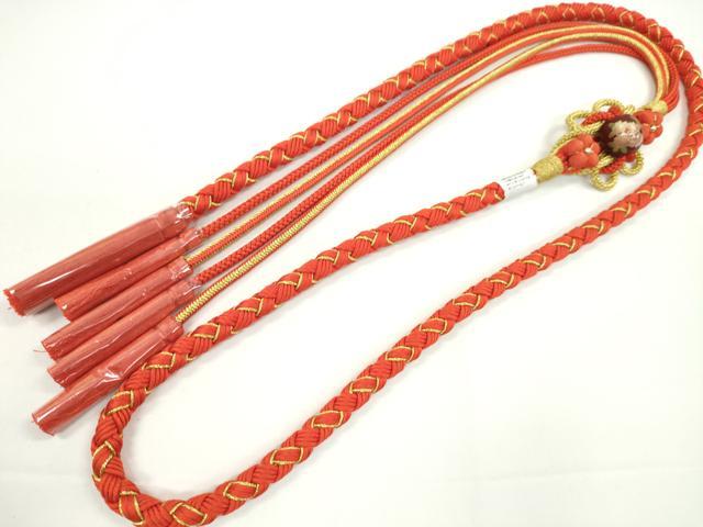 平和屋着物●和装小物 振袖用帯締め 飾り付き 縮緬花飾り 飾り玉 緋色 金糸 切り房 逸品 未使用 CABC1049ju