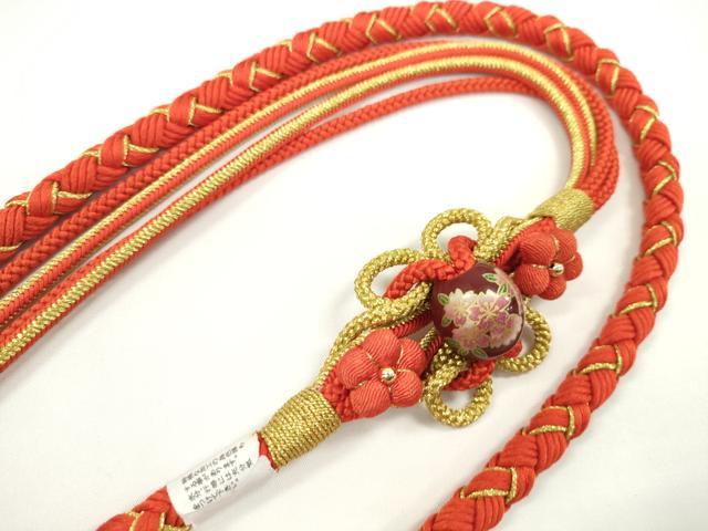 平和屋着物●和装小物 振袖用帯締め 飾り付き 縮緬花飾り 飾り玉 緋色 金糸 切り房 逸品 未使用 CABC1049ju