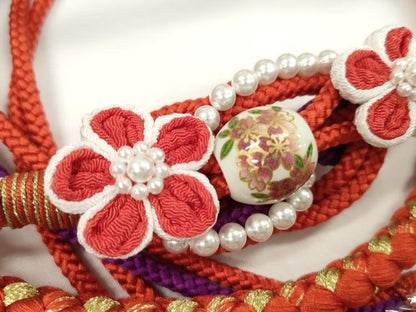 平和屋着物●和装小物 振袖用帯締め 飾り付き つまみ細工 花 飾り玉 パール 緋色 金糸 撚り房 逸品 未使用 CABC1050ju