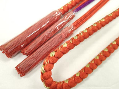 平和屋着物●和装小物 振袖用帯締め 飾り付き つまみ細工 花 飾り玉 パール 緋色 金糸 撚り房 逸品 未使用 CABC1050ju