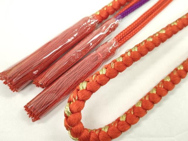 平和屋着物●和装小物 振袖用帯締め 飾り付き つまみ細工 花 飾り玉 パール 緋色 金糸 撚り房 逸品 未使用 CABC1050ju