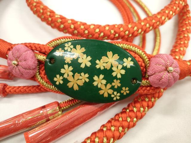平和屋着物●和装小物 振袖用帯締め 飾り付き 縮緬花飾り 緋色 金糸 切り房 逸品 未使用 CABC1052ju