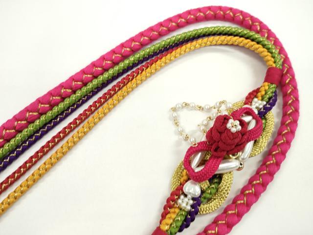平和屋着物●和装小物　振袖用帯締め　飾り付き　つまみ細工　パール　ハート　花　ルビー色　金糸　切り房　逸品　未使用　CABC1053ju