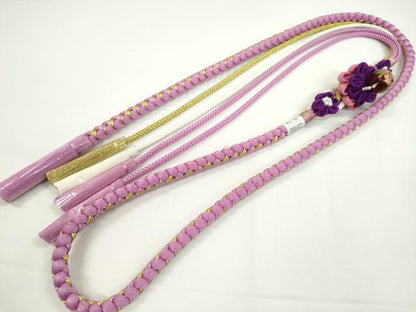 平和屋着物●和装小物　振袖用帯締め　飾り付き　つまみ細工　花　飾り玉　パール　桃花色　金糸　切り房　逸品　未使用　CABC1058ju