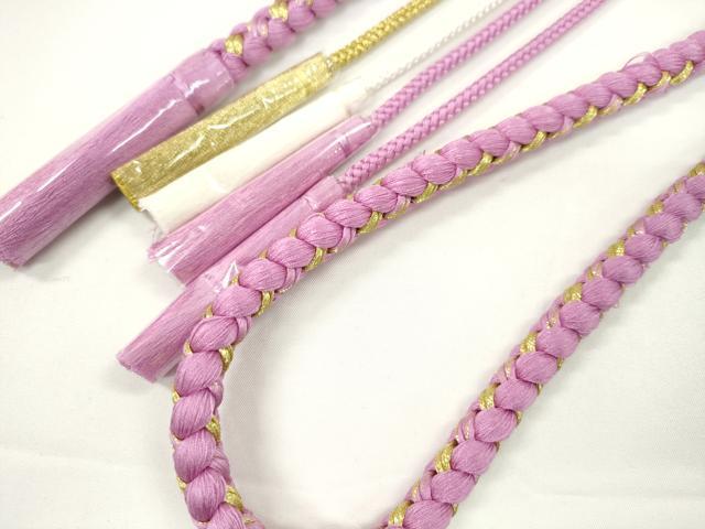 平和屋着物●和装小物　振袖用帯締め　飾り付き　つまみ細工　花　飾り玉　パール　桃花色　金糸　切り房　逸品　未使用　CABC1058ju