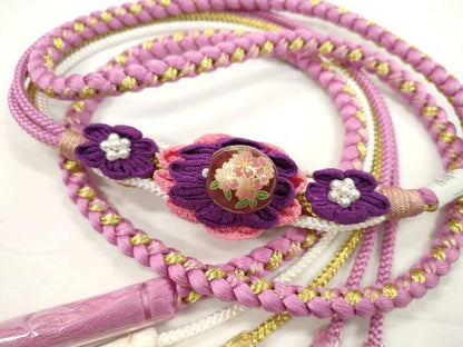 平和屋着物●和装小物　振袖用帯締め　飾り付き　つまみ細工　花　飾り玉　パール　桃花色　金糸　切り房　逸品　未使用　CABC1059ju