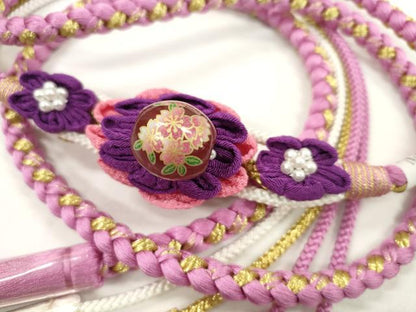 平和屋着物●和装小物　振袖用帯締め　飾り付き　つまみ細工　花　飾り玉　パール　桃花色　金糸　切り房　逸品　未使用　CABC1059ju