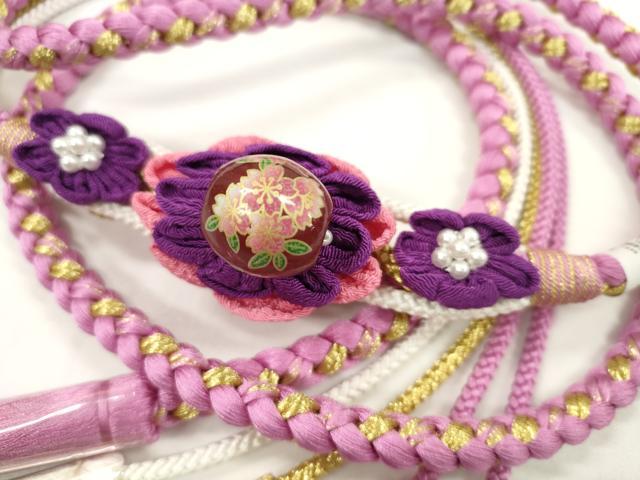平和屋着物●和装小物　振袖用帯締め　飾り付き　つまみ細工　花　飾り玉　パール　桃花色　金糸　切り房　逸品　未使用　CABC1059ju