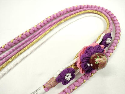 平和屋着物●和装小物　振袖用帯締め　飾り付き　つまみ細工　花　飾り玉　パール　桃花色　金糸　切り房　逸品　未使用　CABC1059ju