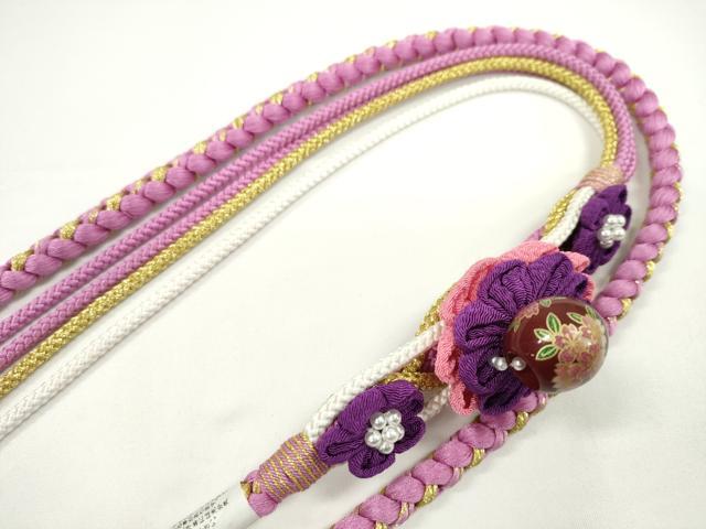 平和屋着物●和装小物　振袖用帯締め　飾り付き　つまみ細工　花　飾り玉　パール　桃花色　金糸　切り房　逸品　未使用　CABC1059ju