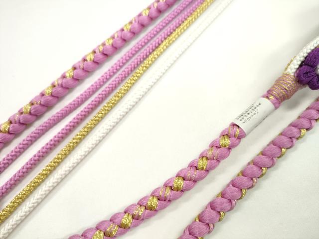 平和屋着物●和装小物　振袖用帯締め　飾り付き　つまみ細工　花　飾り玉　パール　桃花色　金糸　切り房　逸品　未使用　CABC1059ju