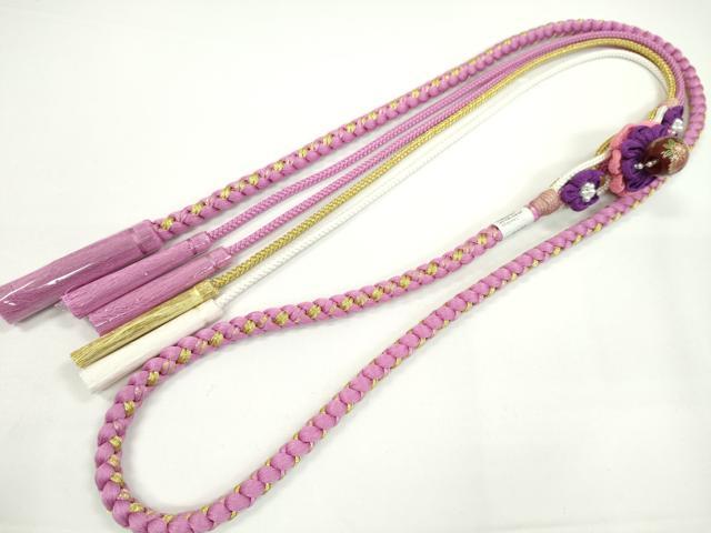 平和屋着物●和装小物　振袖用帯締め　飾り付き　つまみ細工　花　飾り玉　パール　桃花色　金糸　切り房　逸品　未使用　CABC1059ju