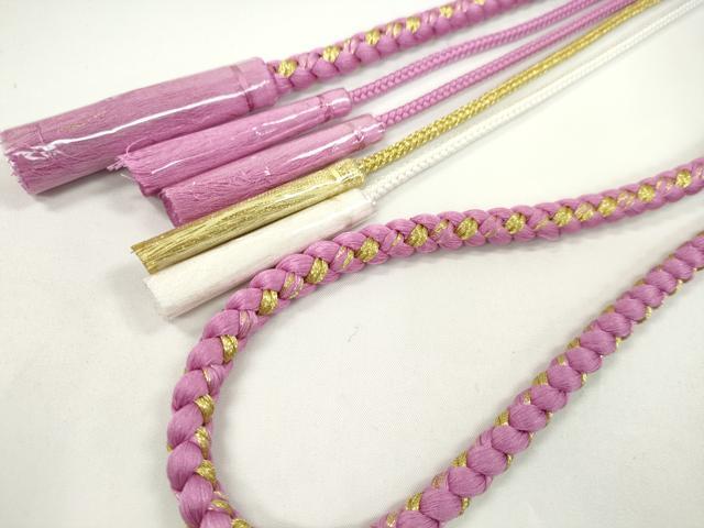 平和屋着物●和装小物　振袖用帯締め　飾り付き　つまみ細工　花　飾り玉　パール　桃花色　金糸　切り房　逸品　未使用　CABC1059ju