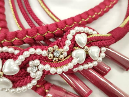 平和屋着物●和装小物　振袖用帯締め　飾り付き　パール　ハート　花　ビジュー　赤　金糸　切り房　逸品　未使用　CABC1062ju