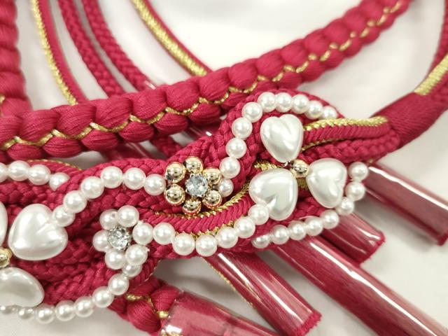 平和屋着物●和装小物　振袖用帯締め　飾り付き　パール　ハート　花　ビジュー　赤　金糸　切り房　逸品　未使用　CABC1062ju