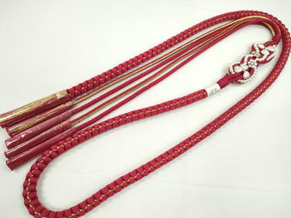 平和屋着物●和装小物　振袖用帯締め　飾り付き　パール　ハート　花　ビジュー　赤　金糸　切り房　逸品　未使用　CABC1062ju