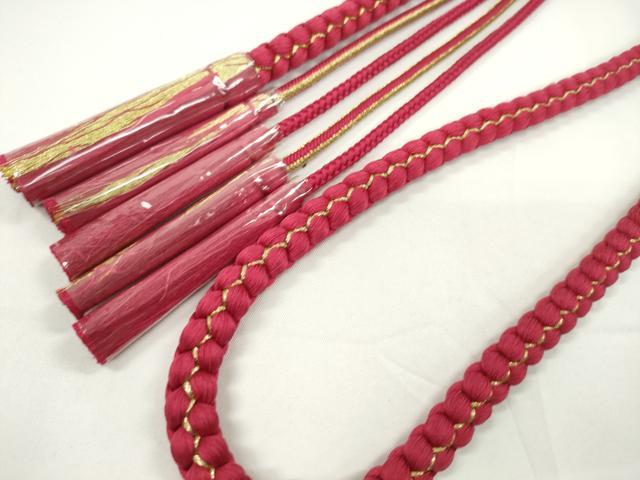 平和屋着物●和装小物　振袖用帯締め　飾り付き　パール　ハート　花　ビジュー　赤　金糸　切り房　逸品　未使用　CABC1062ju