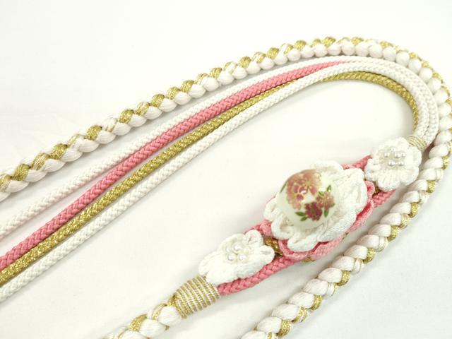 平和屋着物●和装小物　振袖用帯締め　飾り付き　つまみ細工　花　飾り玉　パール　白×桃色　金糸　撚り房　逸品　未使用　CABC1064ju
