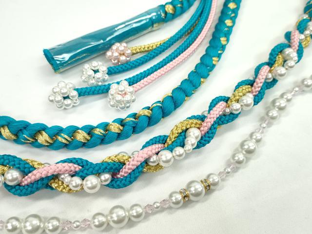 平和屋着物●和装小物　振袖用帯締め　飾り付き　パール　ラインストーン　小田巻き　シアン　金糸　切り房　逸品　未使用　CABC1073ju
