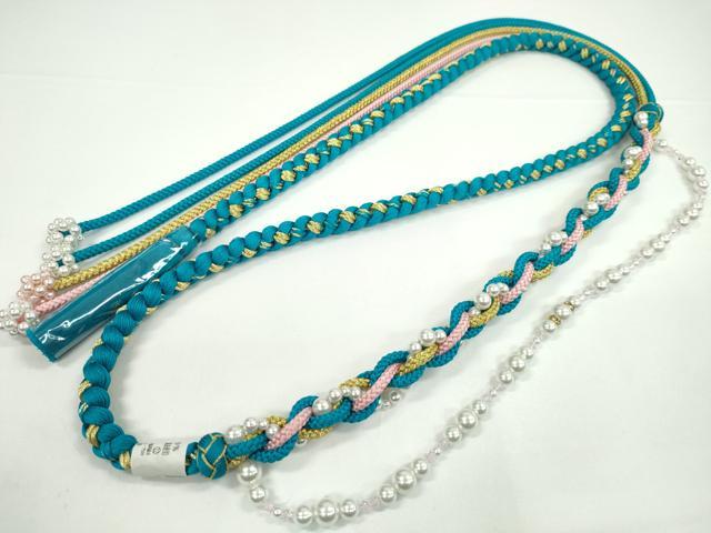 平和屋着物●和装小物　振袖用帯締め　飾り付き　パール　ラインストーン　小田巻き　シアン　金糸　切り房　逸品　未使用　CABC1073ju