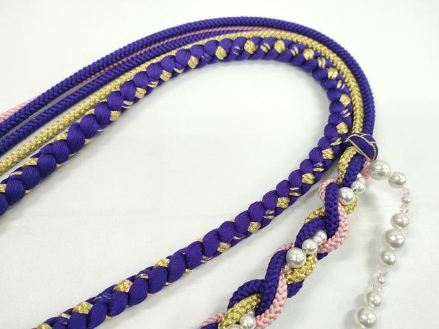 平和屋着物●和装小物　振袖用帯締め　飾り付き　パール　ラインストーン　小田巻き　本紫　金糸　切り房　逸品　未使用　CABC1074ju