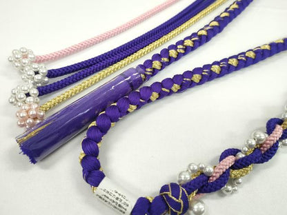 平和屋着物●和装小物　振袖用帯締め　飾り付き　パール　ラインストーン　小田巻き　本紫　金糸　切り房　逸品　未使用　CABC1074ju