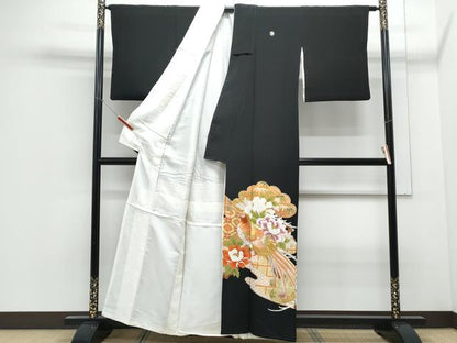 平和屋着物▼豪華黒留袖 刺繍 尾長鳥花文 金彩 正絹 逸品 CABC1228th
