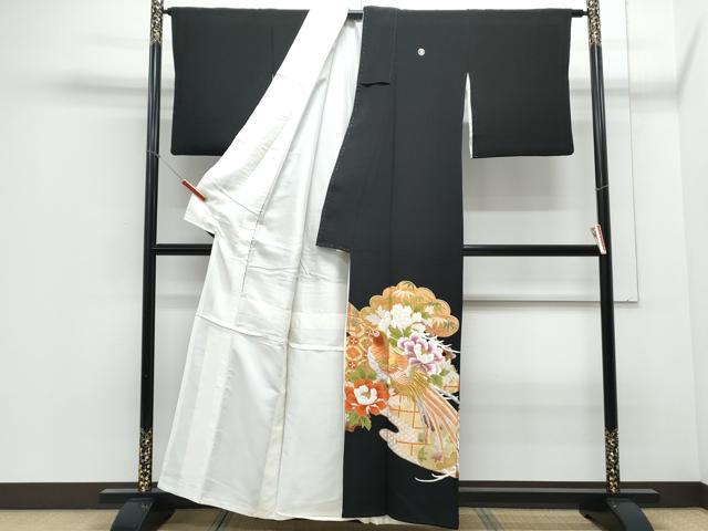 平和屋着物▼豪華黒留袖 刺繍 尾長鳥花文 金彩 正絹 逸品 CABC1228th