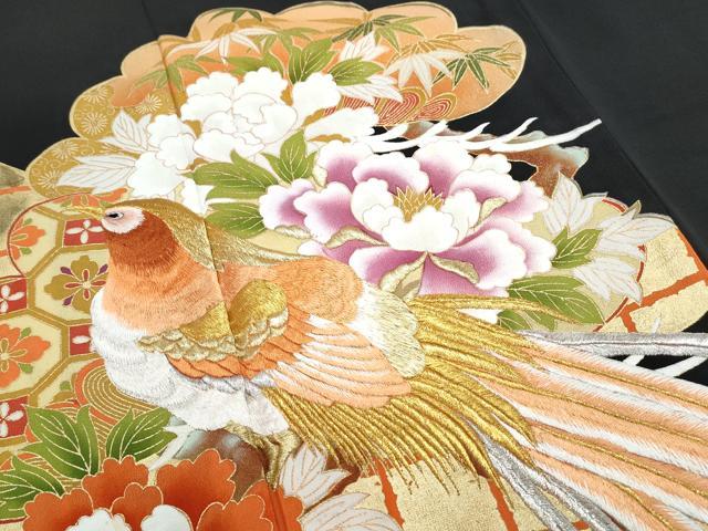 平和屋着物▼豪華黒留袖 刺繍 尾長鳥花文 金彩 正絹 逸品 CABC1228th