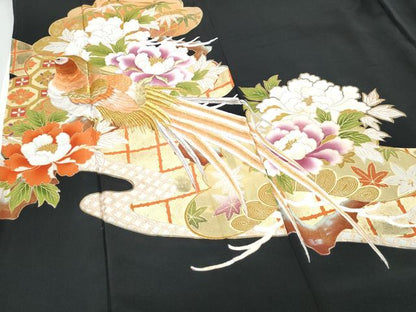 平和屋着物▼豪華黒留袖 刺繍 尾長鳥花文 金彩 正絹 逸品 CABC1228th
