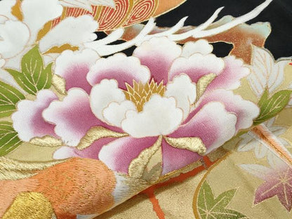平和屋着物▼豪華黒留袖 刺繍 尾長鳥花文 金彩 正絹 逸品 CABC1228th