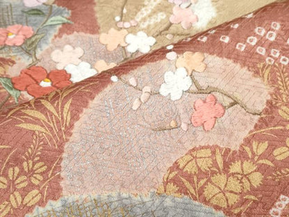平和屋着物▼訪問着 絞り 刺繍 枝花文 金彩 正絹 逸品 CABC1422th