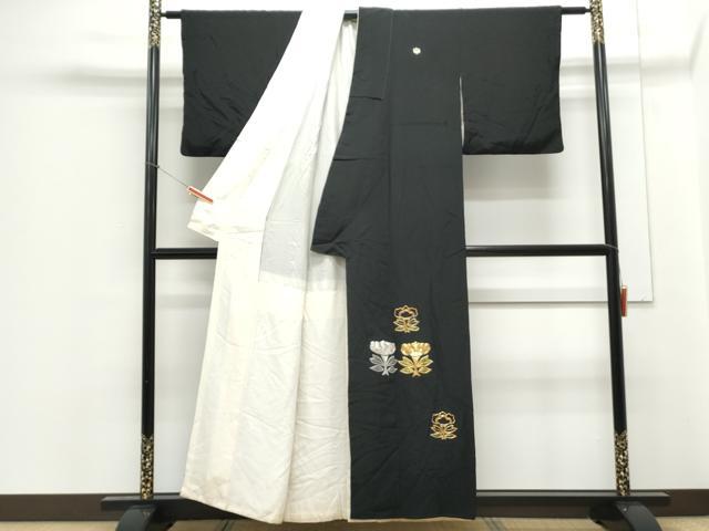 平和屋着物▼豪華黒留袖　駒刺繍　草花文　正絹　逸品　CABC1549th