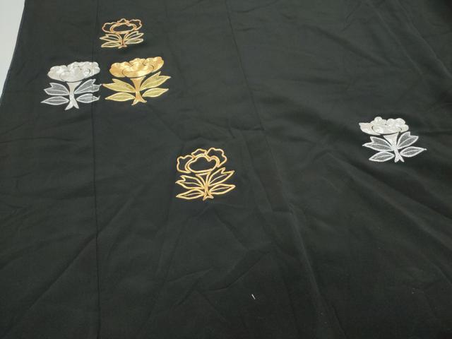 平和屋着物▼豪華黒留袖　駒刺繍　草花文　正絹　逸品　CABC1549th