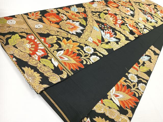 平和屋着物◎六通柄　本袋帯　更紗花文　黒地　金糸　正絹　逸品　CABC1603nb