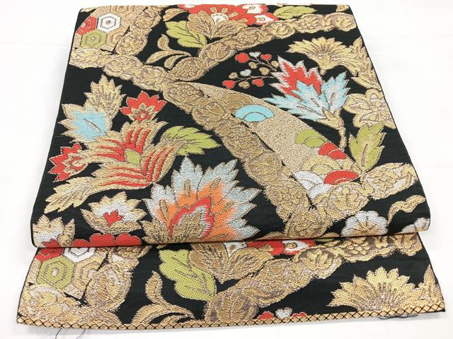 平和屋着物◎六通柄　本袋帯　更紗花文　黒地　金糸　正絹　逸品　CABC1603nb
