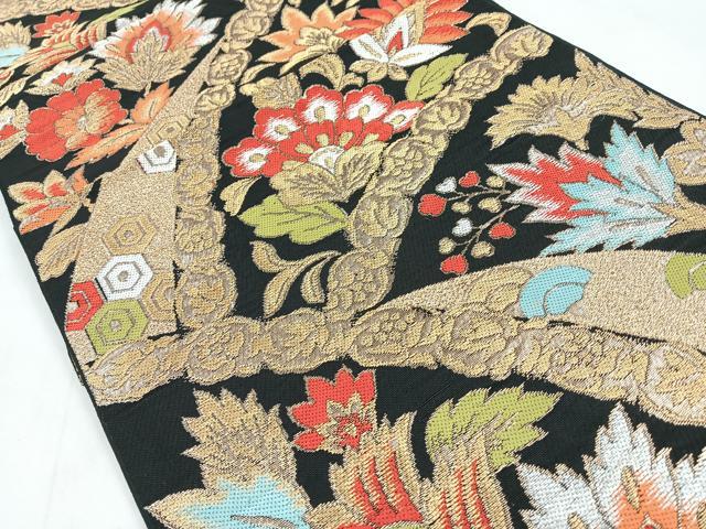 平和屋着物◎六通柄　本袋帯　更紗花文　黒地　金糸　正絹　逸品　CABC1603nb