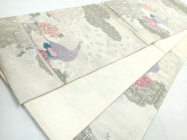 平和屋着物◎六通柄袋帯　唐織　孔雀花文　銀彩　正絹　逸品　CABC1618nb