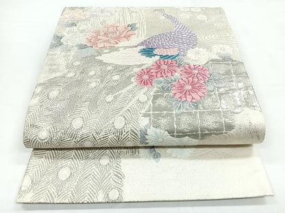 平和屋着物◎六通柄袋帯　唐織　孔雀花文　銀彩　正絹　逸品　CABC1618nb