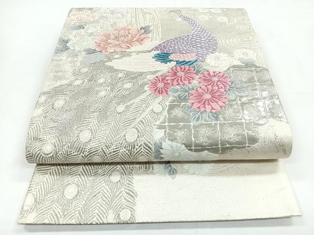 平和屋着物◎六通柄袋帯　唐織　孔雀花文　銀彩　正絹　逸品　CABC1618nb