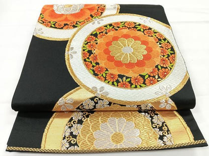 平和屋着物◎六通柄袋帯　唐織　花丸文　黒地　金銀糸　正絹　逸品　CABC1641nb