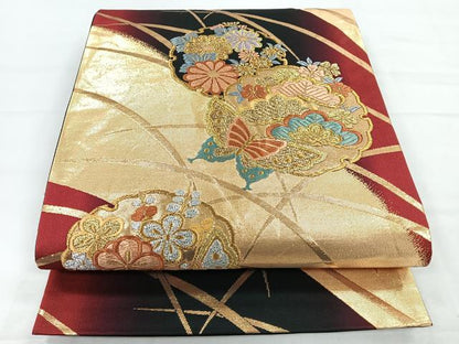 平和屋着物◎六通柄袋帯　唐織　花蝶文　金銀糸　正絹　逸品　CABC1648nb