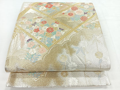 平和屋着物◎佐賀錦　六通柄袋帯　唐織　草花文　金銀糸　正絹　逸品　CABC1675nb