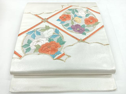 平和屋着物◎太鼓柄袋帯 駒刺繍 花丸文 金銀糸 正絹 逸品 CABC1683nb